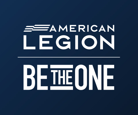 Brandmark of The American Legion and the Be The One initiative in white on dark blue background